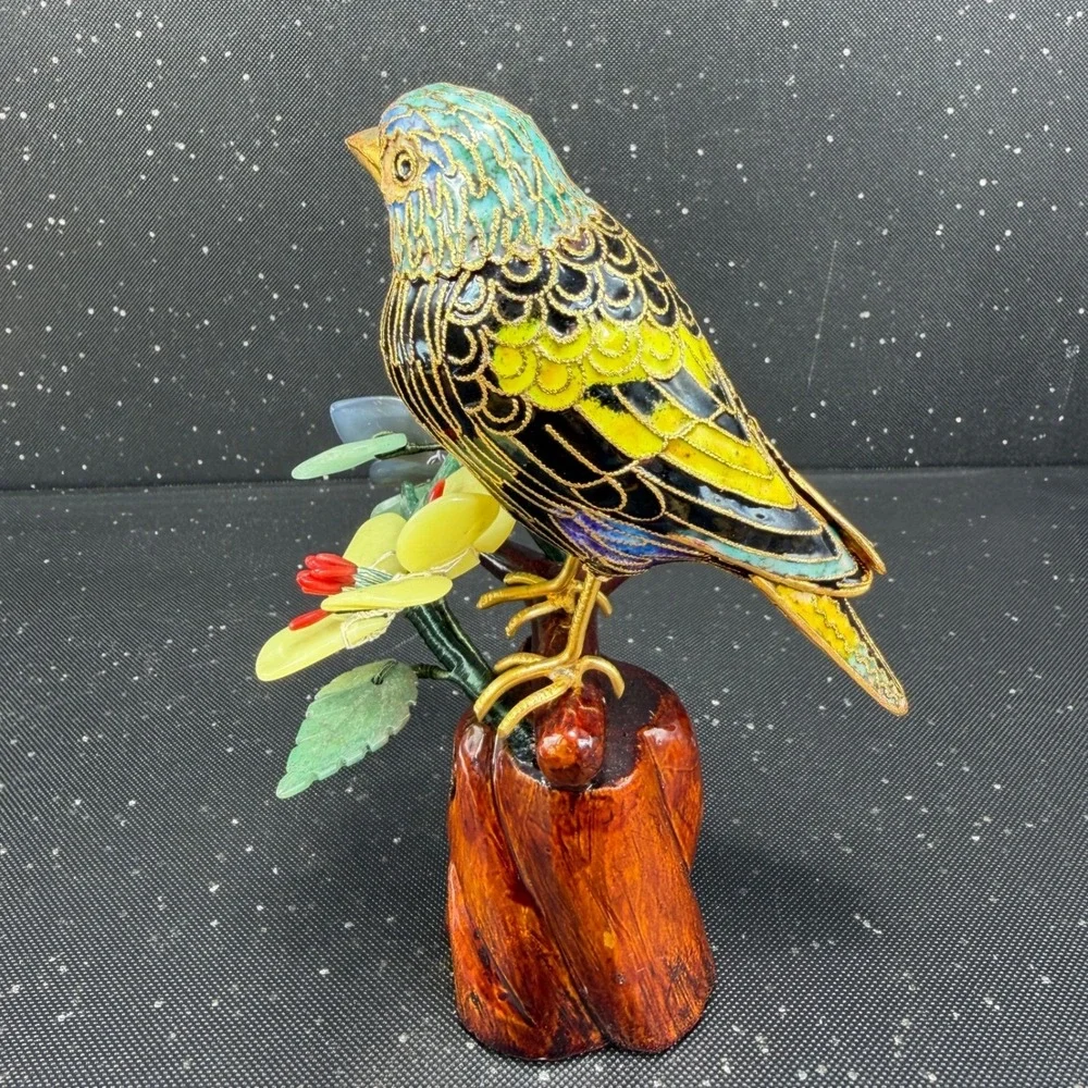 Cloisonne Enamel Bird Figurine Carved Wood Base Quartz Jade Stone Flowers 6in